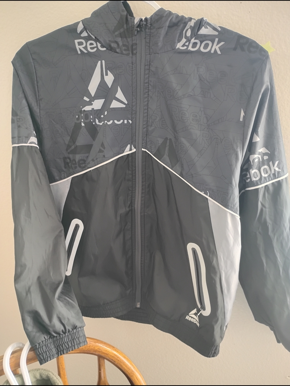 Reebok Black and Gray Hooded Windbreaker Jacket